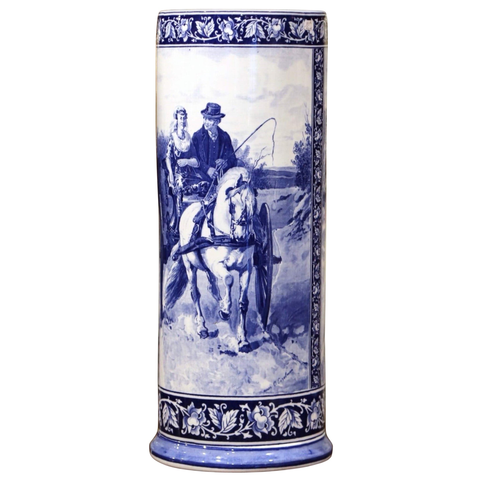 Anfang des 20. Jahrhunderts Französisch signiert blau und weiß bemalt Porzellan Umbrella Stand