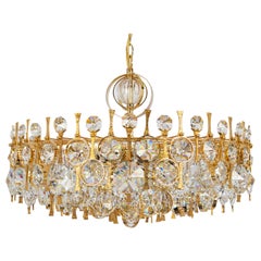 Vintage Large Gilt Brass and Crystal Chandelier, by Palwa, Germany, 1970s