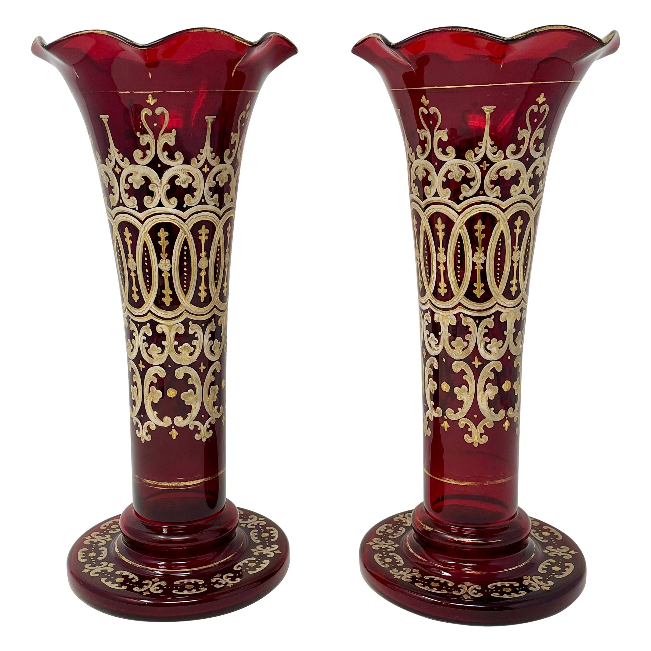 Pair Antique Ruby Glass Vases with Hand-Painted Gold Details, Circa 1890. For Sale