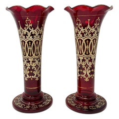 Pair Antique Ruby Glass Vases with Hand-Painted Gold Details, Circa 1890.