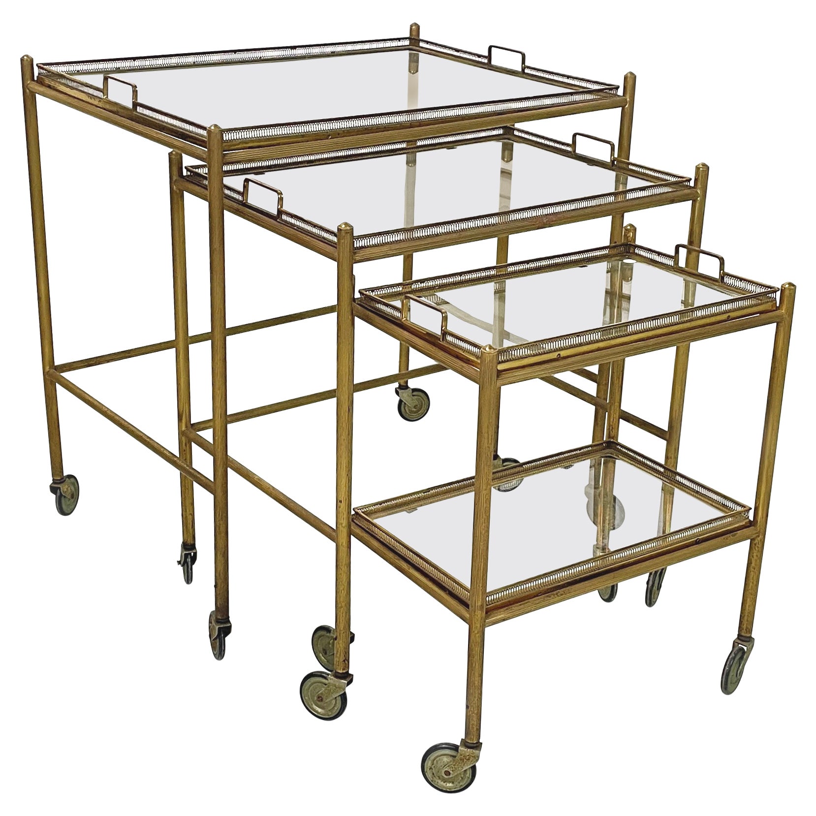 Italian mid-century modern Brass and glass carts with tray, 1960s For Sale