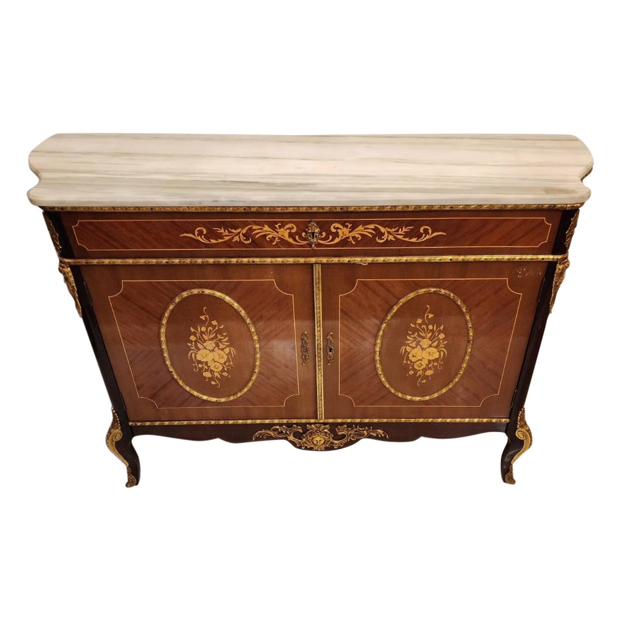 Antique  French Inlaid White Marble Top Cabinet For Sale