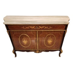 Antique  French Inlaid White Marble Top Cabinet