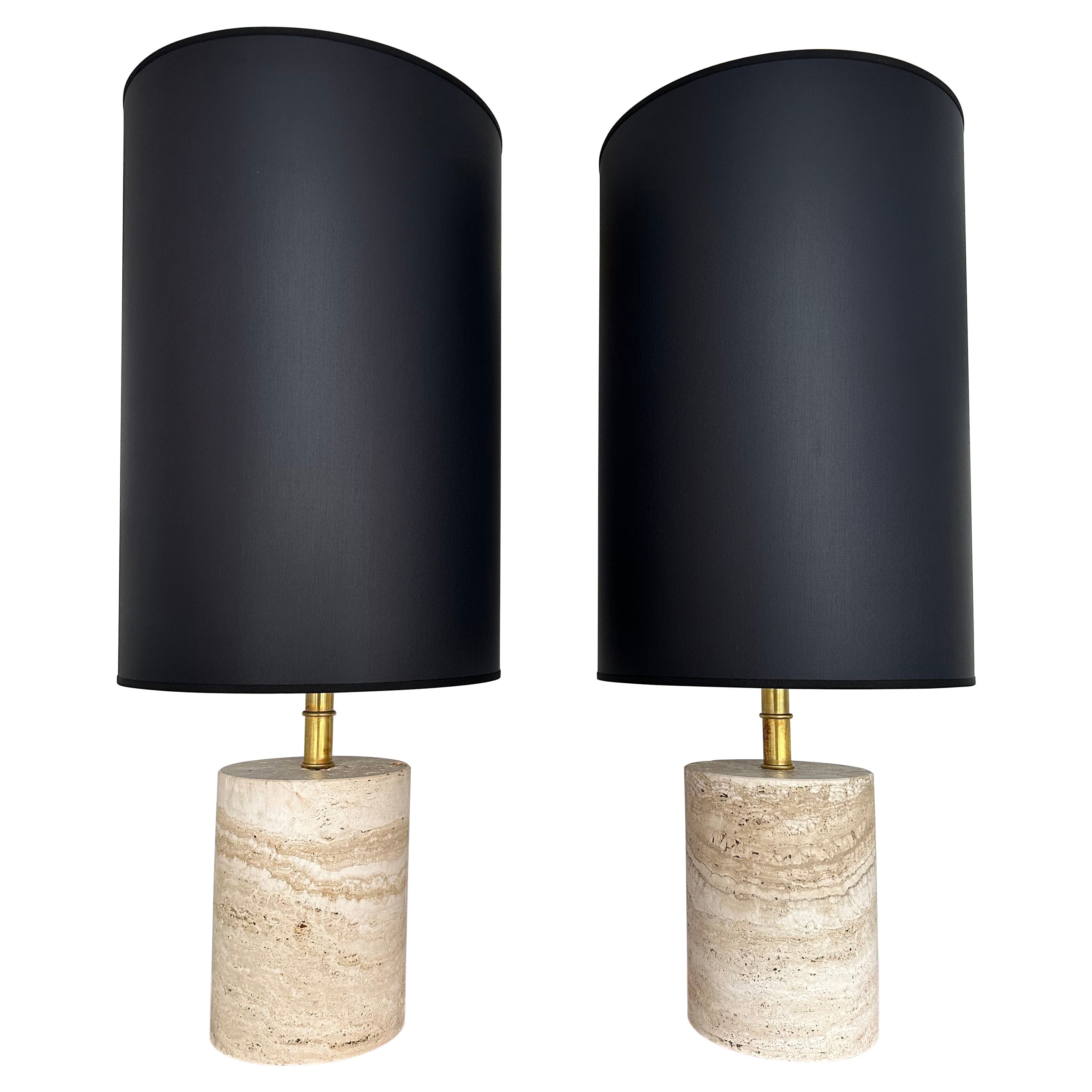 Contemporary Pair of Travertine and Brass Lamps For Sale