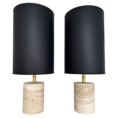 Contemporary Pair of Travertine and Brass Lamps