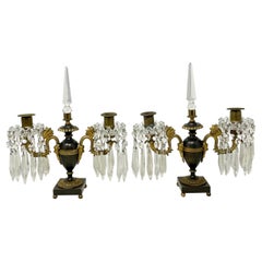 Pair Antique French Gold Bronze & Patinated Bronze Crystal Sconces, Circa 1840.