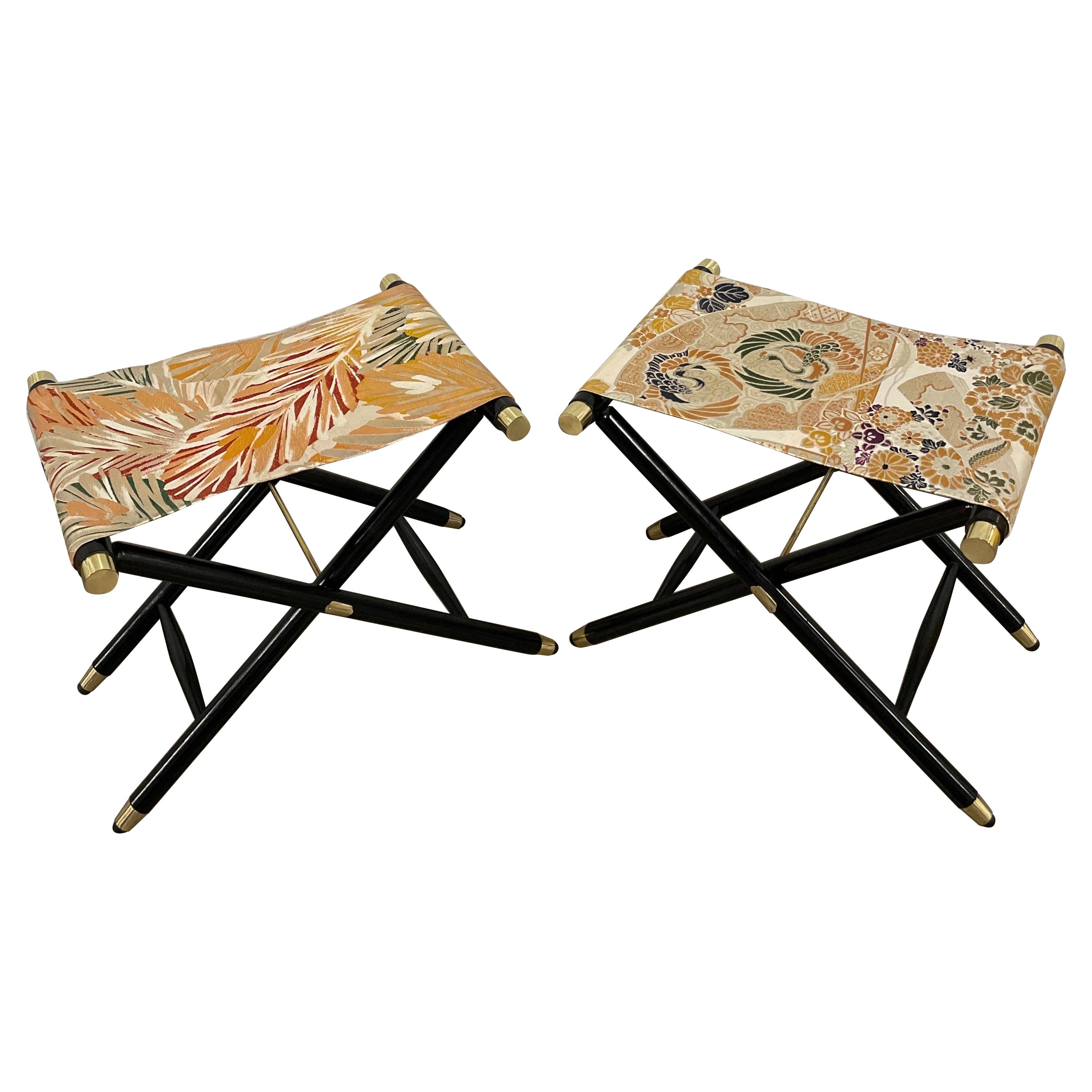 Pair of Vintage Japanese Obi Covered Folding Stools For Sale