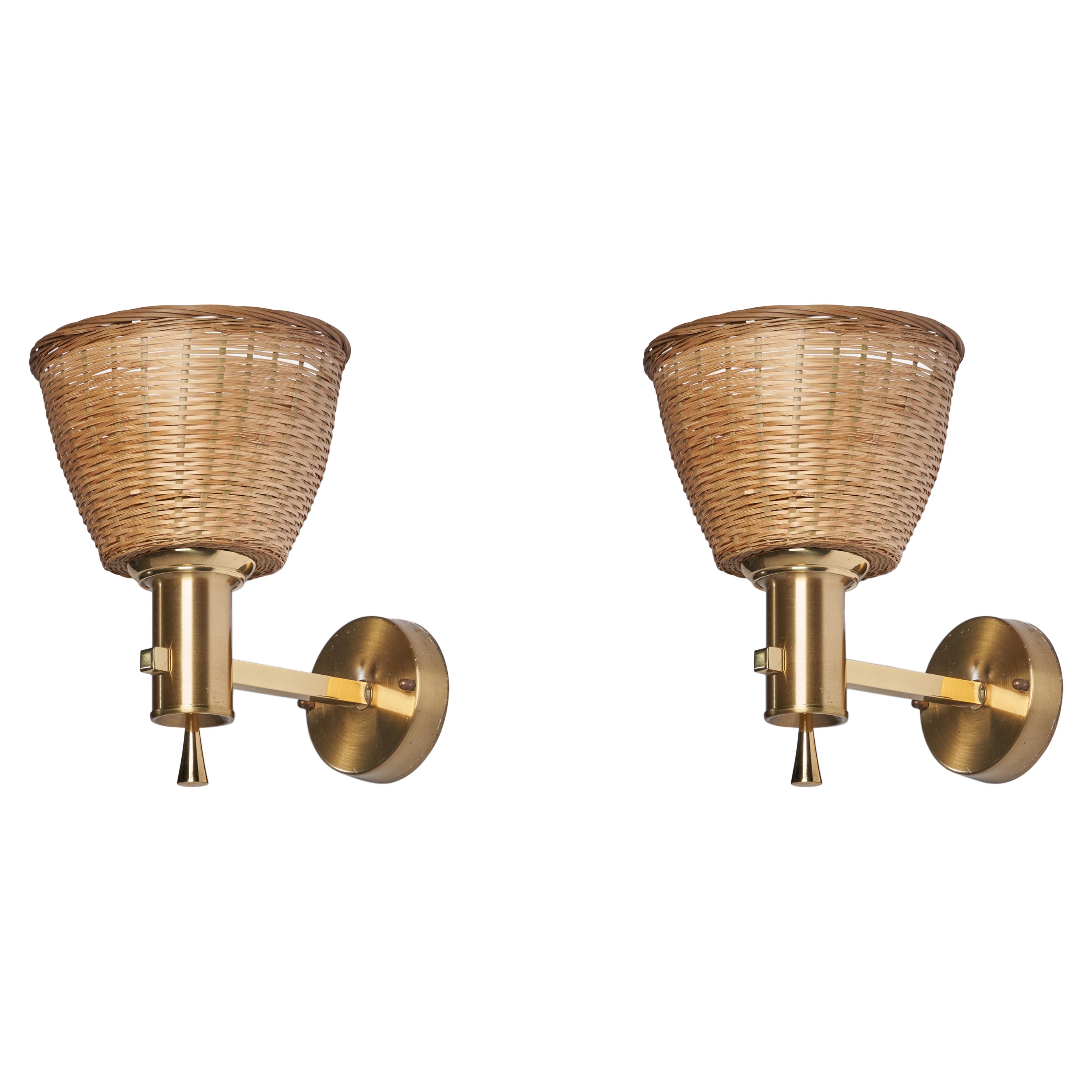 Ewå Värnamo, Wall Lights, Brass, Rattan, Sweden, 1960s For Sale