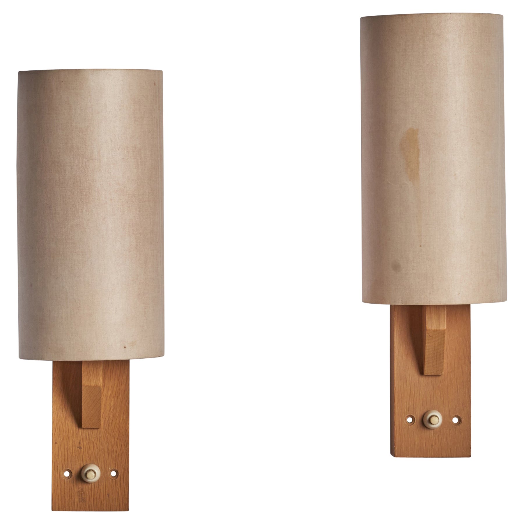 Swedish Designer, Wall Lights, Oak, Paper, Sweden, 1970s For Sale