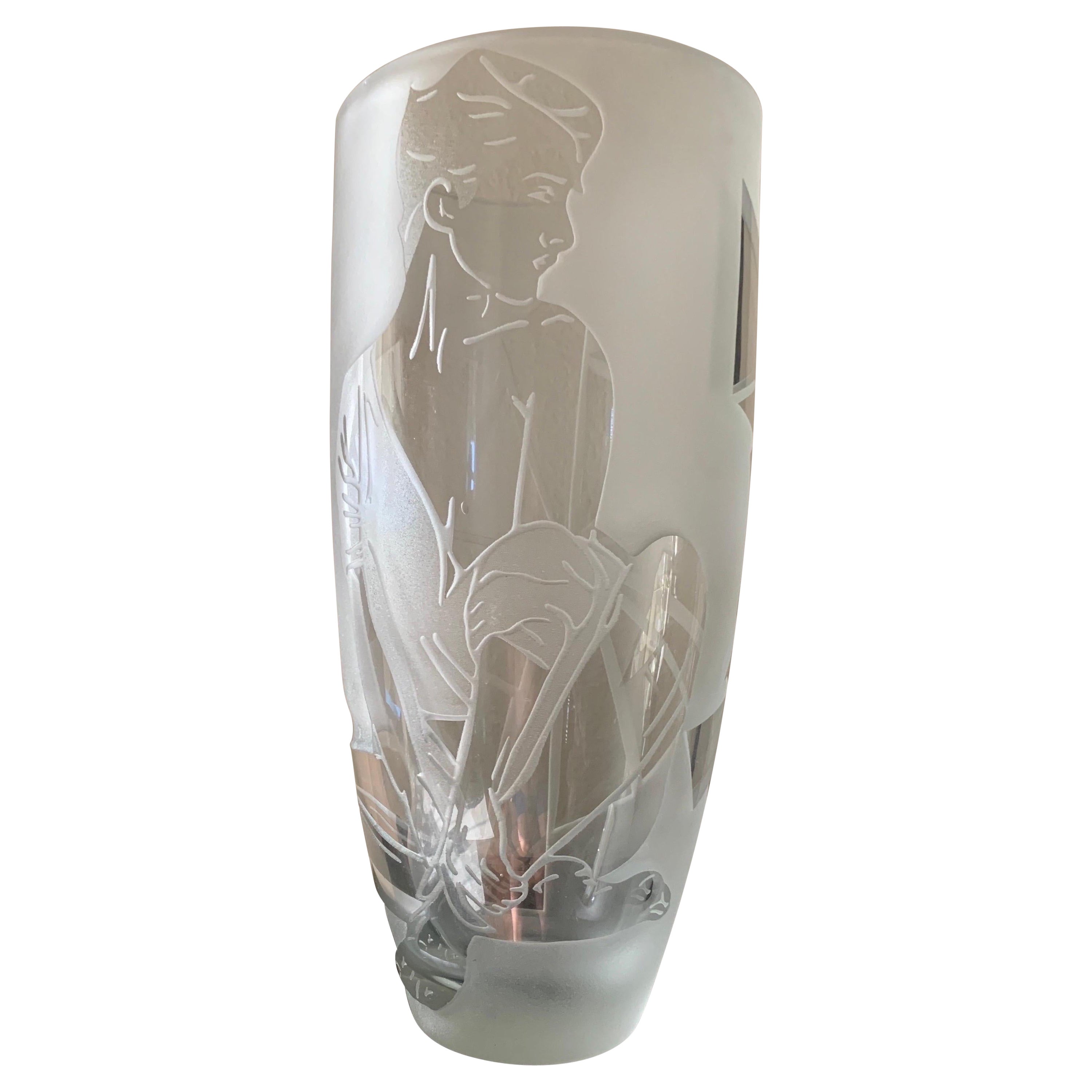 Nagel inspired Etched Glass Original One of a Kind Modern Large Vase  For Sale