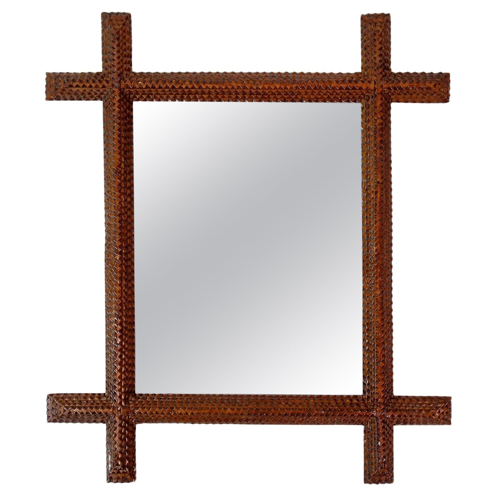 19th Century Tramp Art Wall Mirror - Rustic Style handcarved, Austria ca. 1880 For Sale