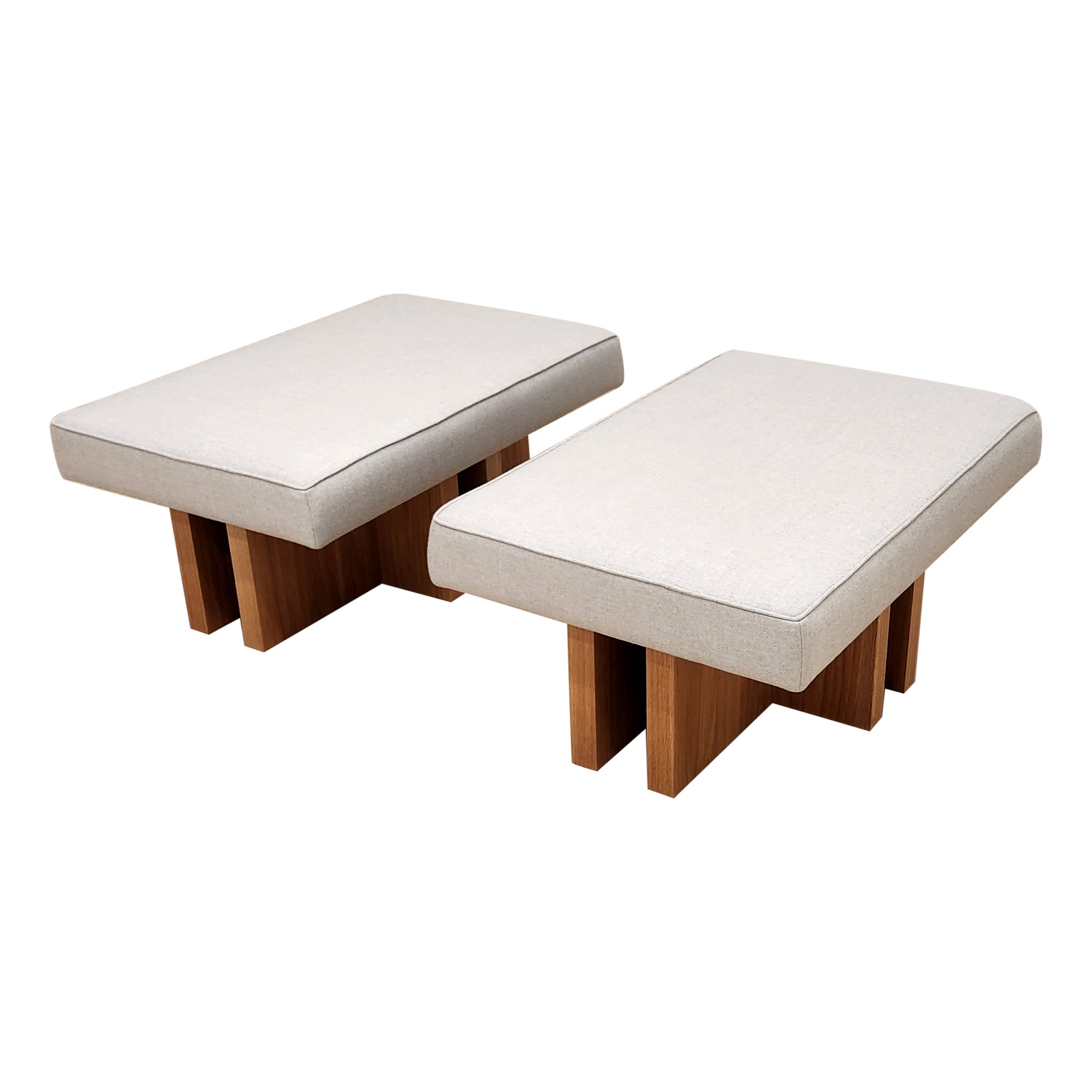 Pair of custom made Gueridon Ottomans, COM Upholstery, Choice of Wood Stain