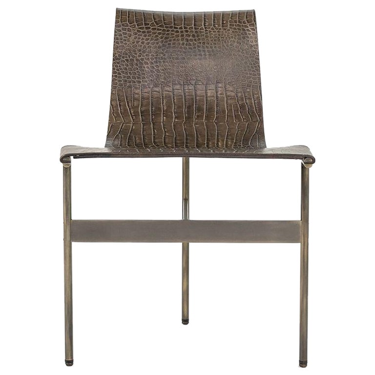 TG-10 Sling Dining Chair in Faux Crocodile Leather w/ Antique Bronze Frame For Sale