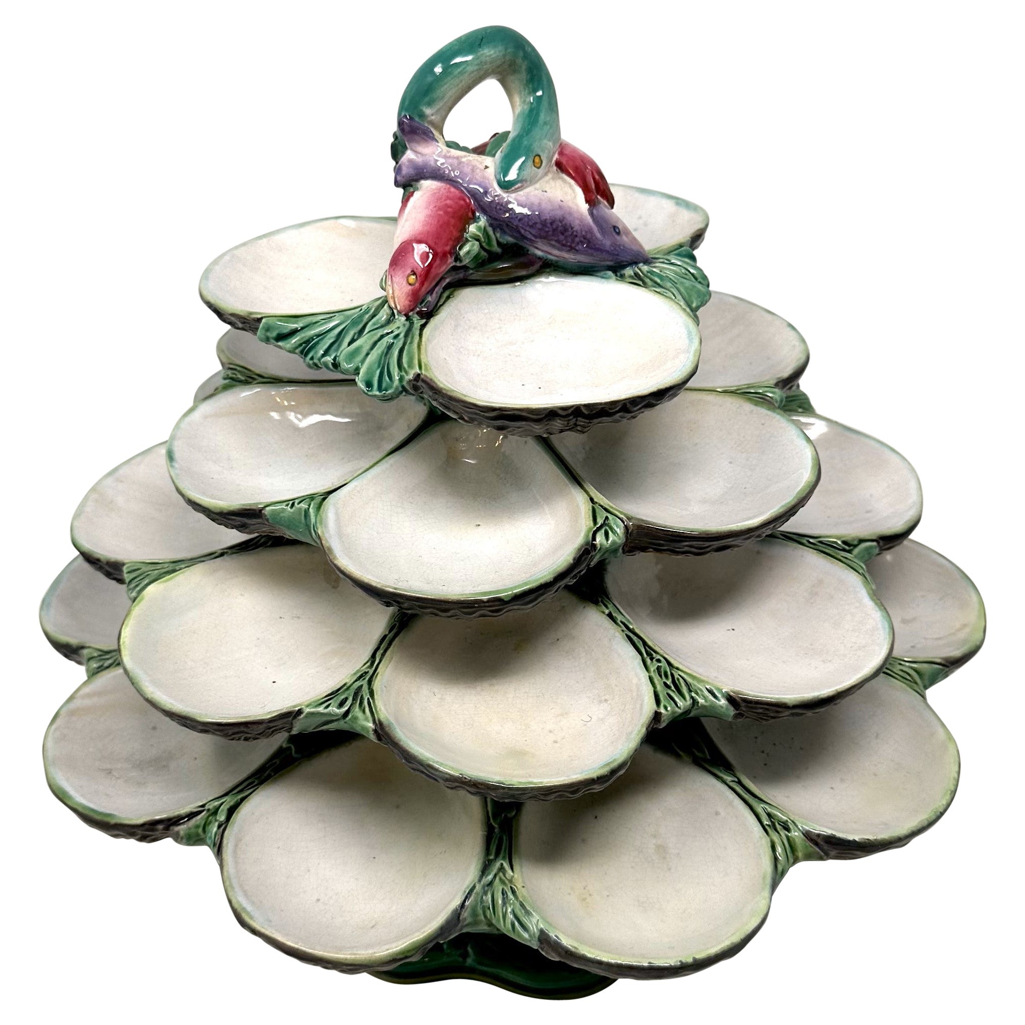 Antique English Thomas Minton Majolica Porcelain Revolving 4 Tier Oyster Server  For Sale