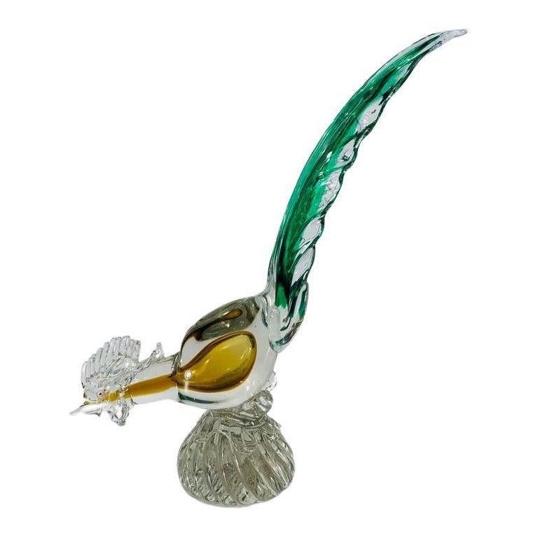 Barovier&Toso Murano glass green and yellow circa 1950 pheasant For Sale