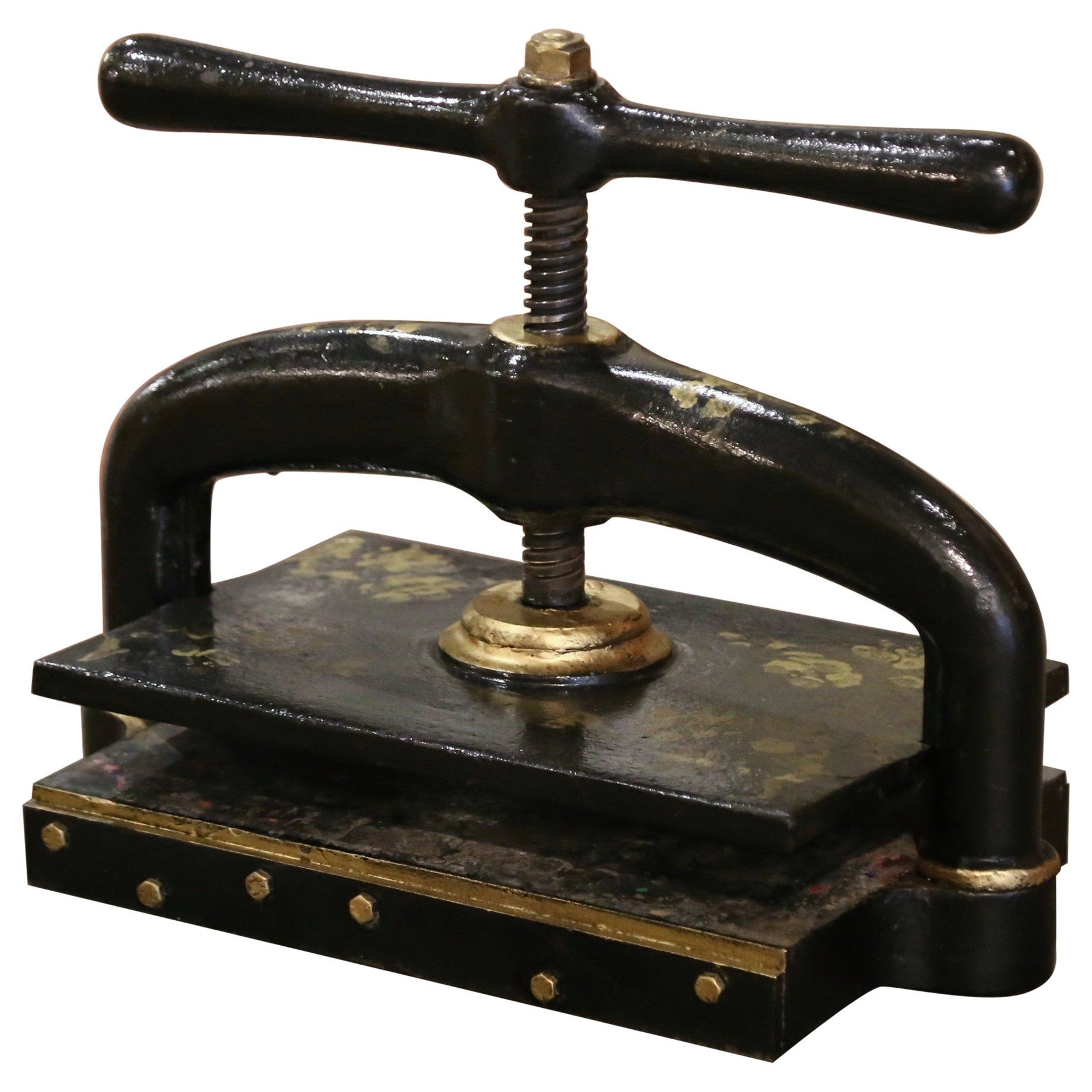19th Century French Black Painted and Gilt Wrought Iron Book Binding Press  For Sale