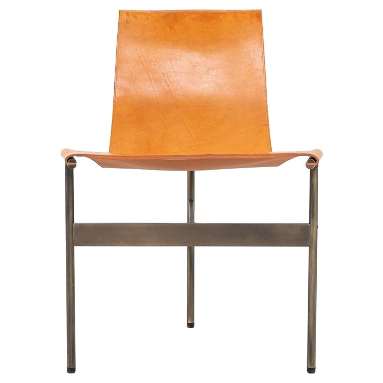 TG-10 Sling Dining Chair in Tan Leather with Medium Antique Bronze Frame For Sale