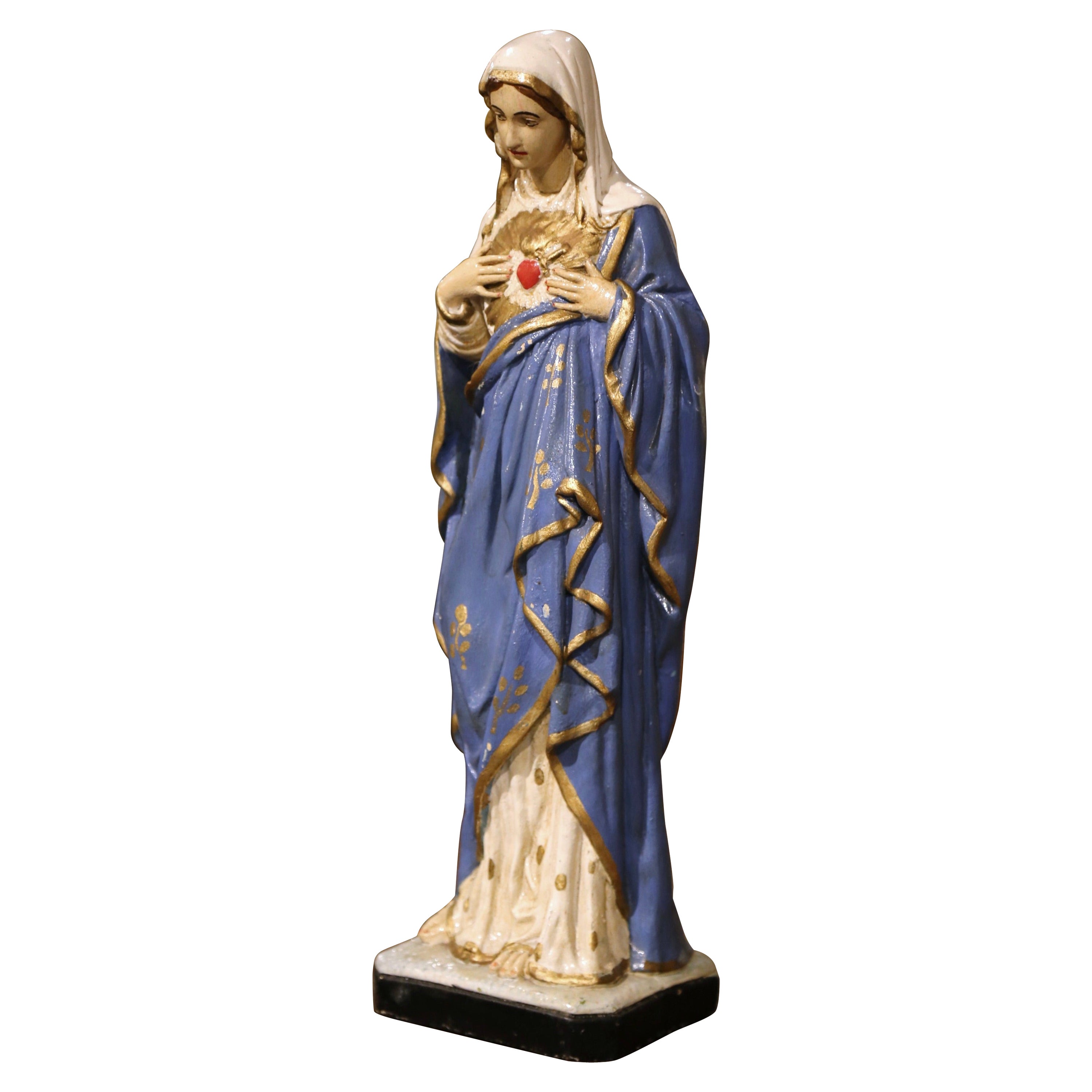 19th Century French Polychrome Statue of the Virgin Mary with Immaculate Heart 