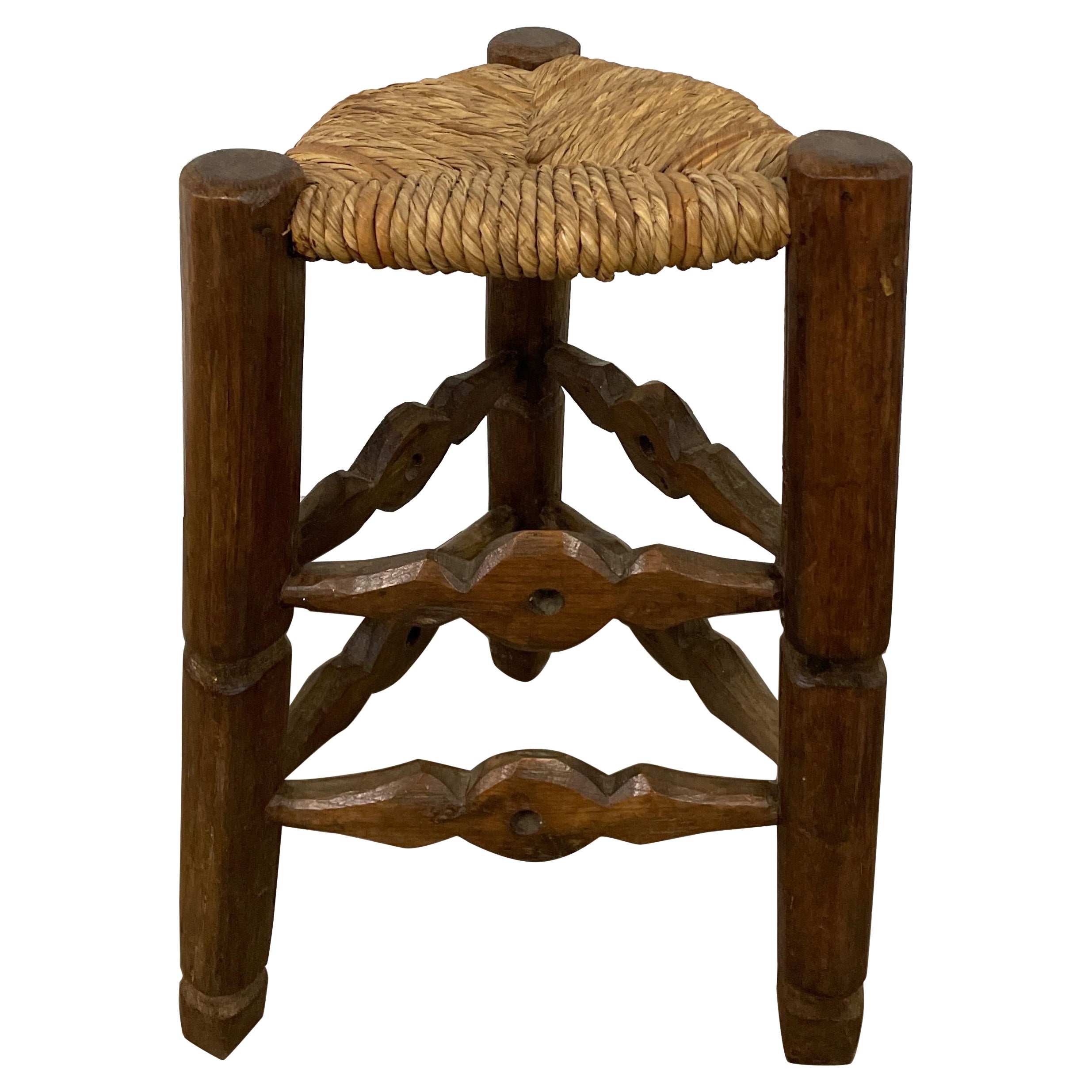 Antique Country French Tripod Stool with Rush Seat For Sale