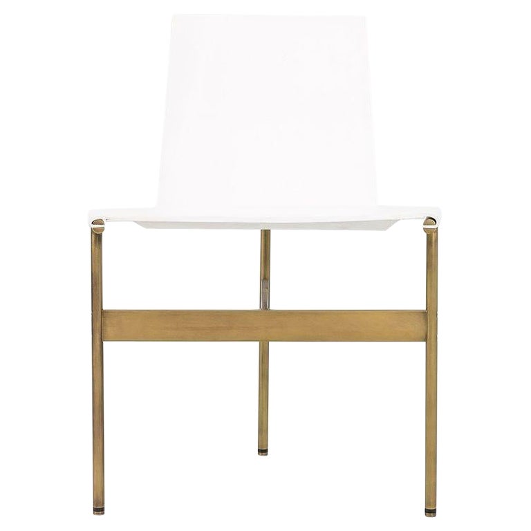 TG-10 Sling Dining Chair in White Leather with Light Antique Bronze Frame