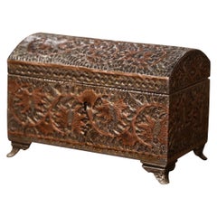 19th Century French Gothic Brass & Copper Jewelry Box with Repousse Leaf Motifs