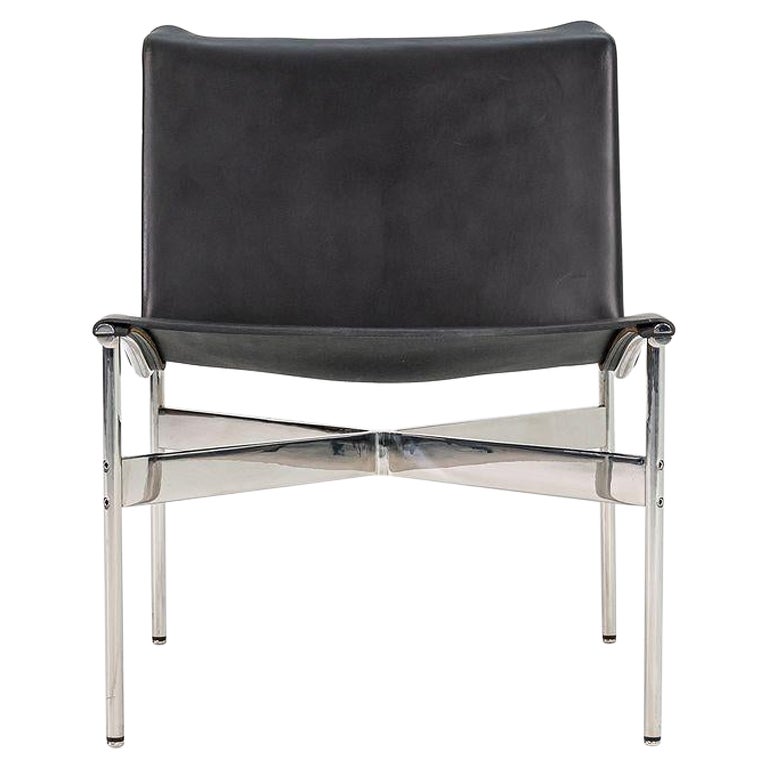 TG-12 Sling Lounge Chair in Black Leather with Polished Chrome Frame and T- Bar For Sale