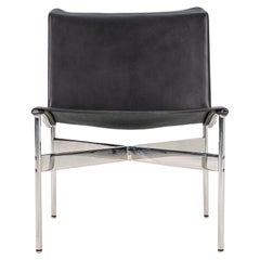 Used TG-12 Sling Lounge Chair in Black Leather with Polished Chrome Frame and T- Bar