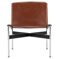 TG-12 Sling Lounge Chair in Tan Leather w/ Polished Chrome Frame & Black T-Bar