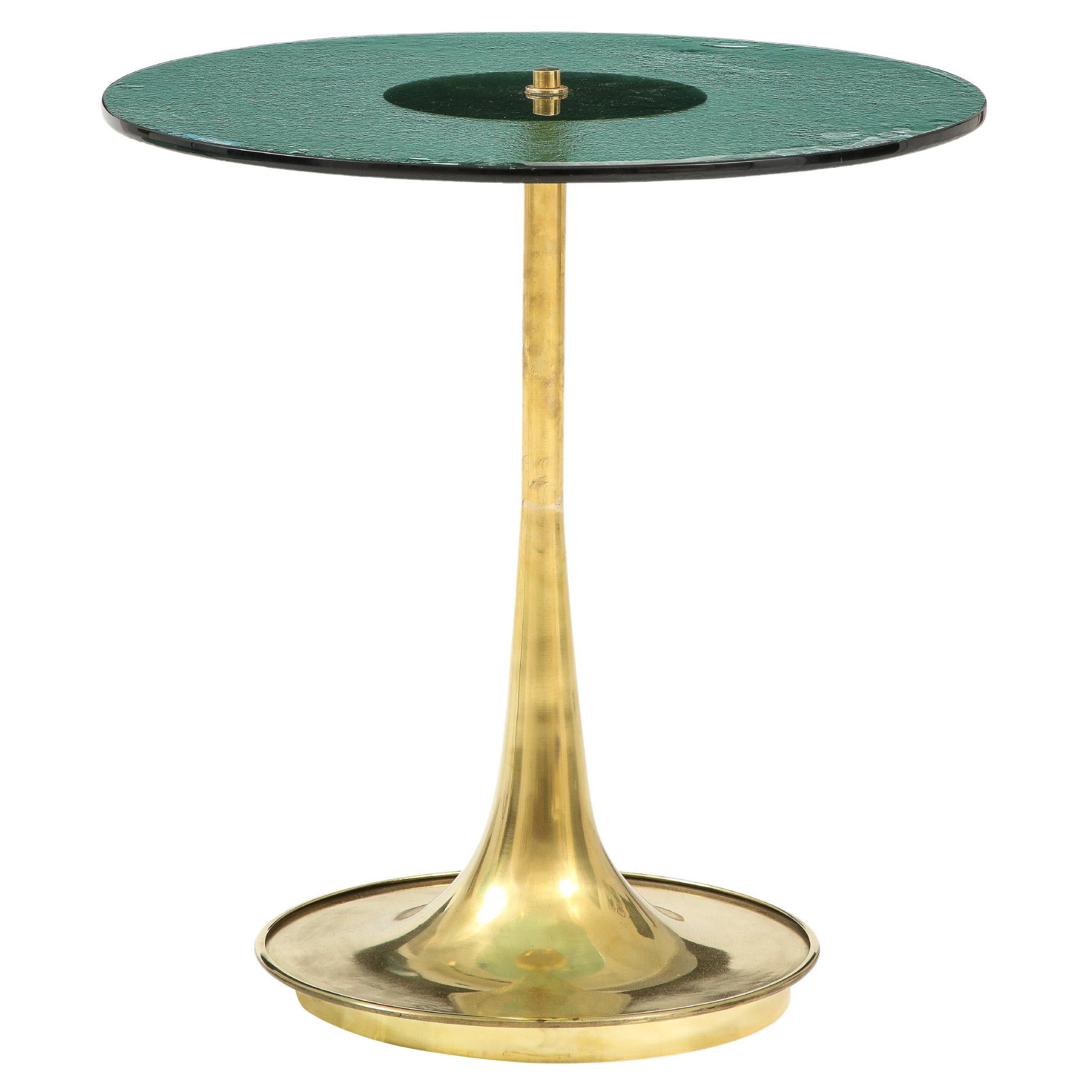 Round Soft Green Murano Glass and Brass Martini or Side Table, Italy, 24.75"H For Sale