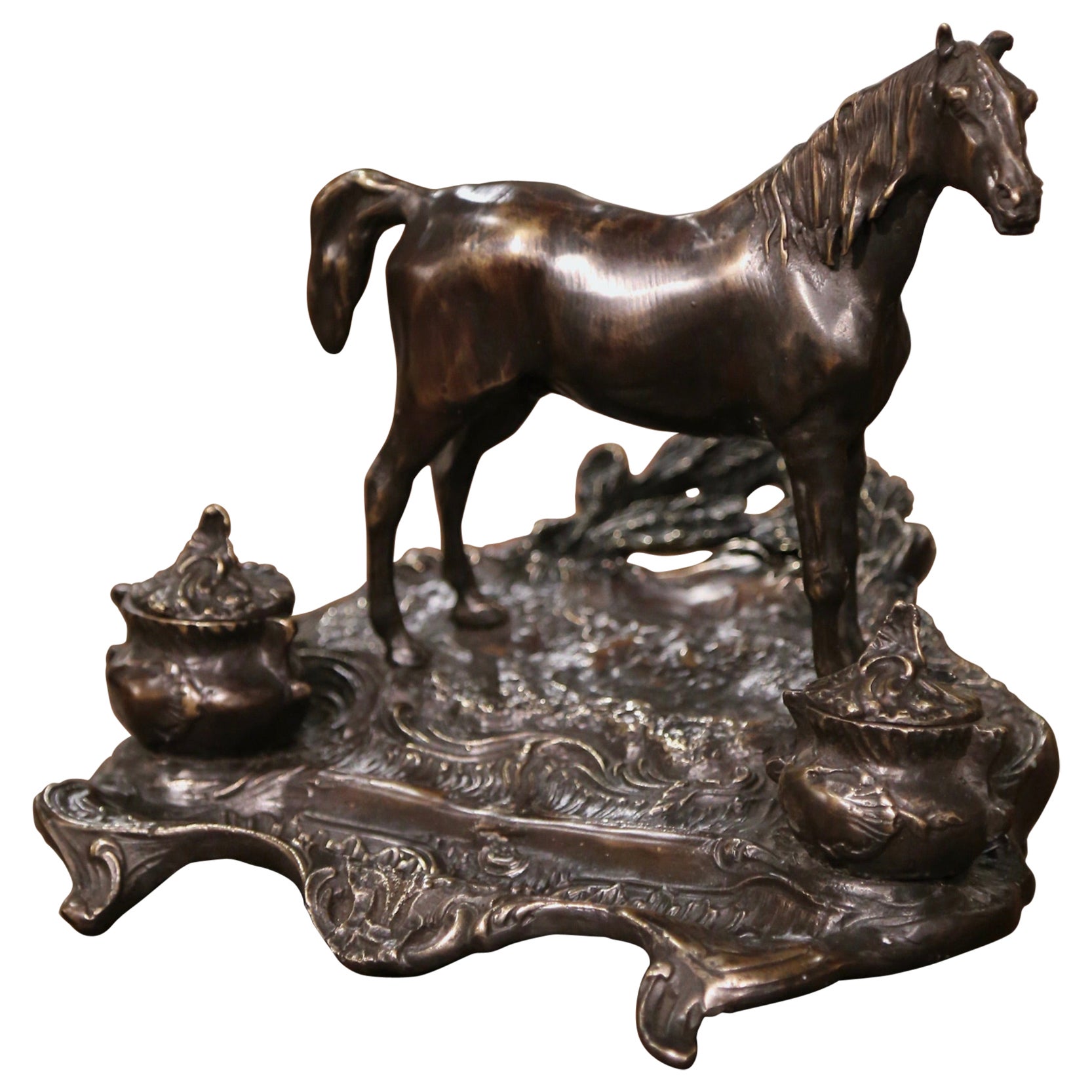 19th Century French Bronze Inkwell with Horse Sculpture Signed P.J. Mêne For Sale