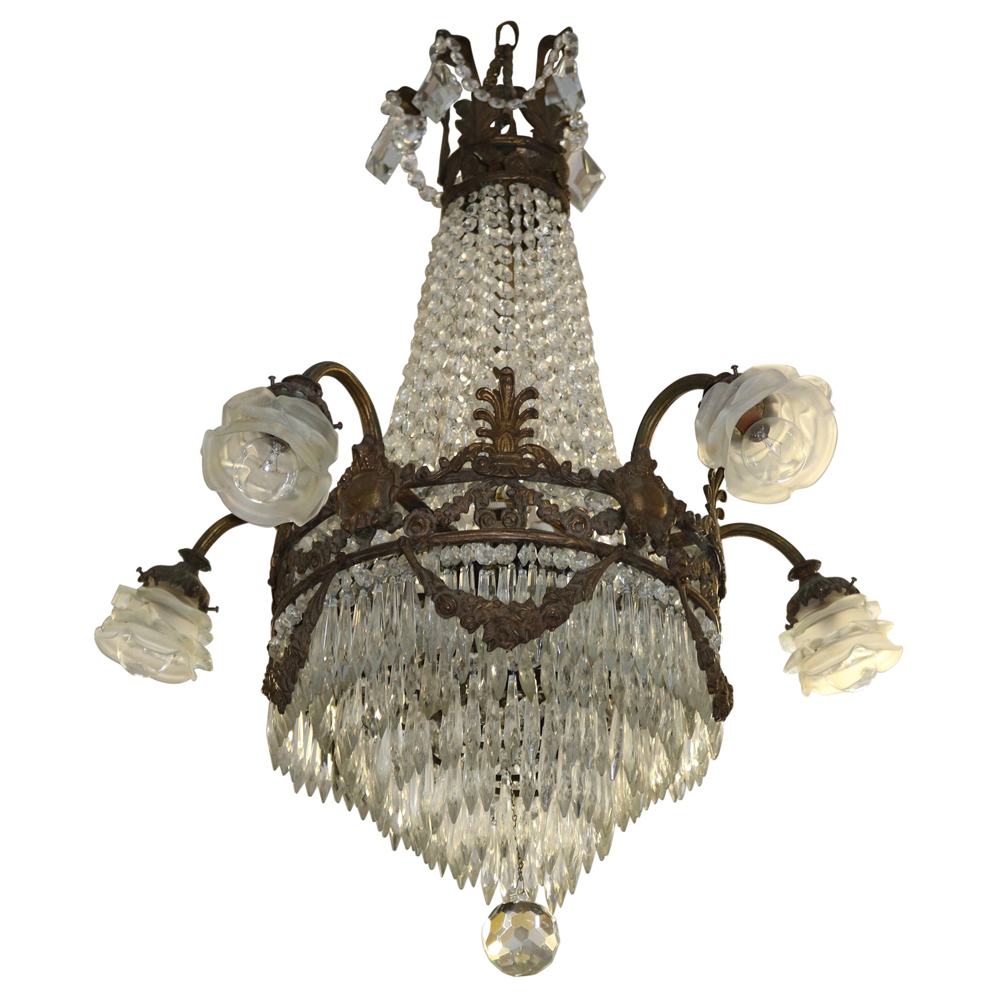 Antique French Bronze & Crystal Louis XVI Style Beaded Basket Chandelier