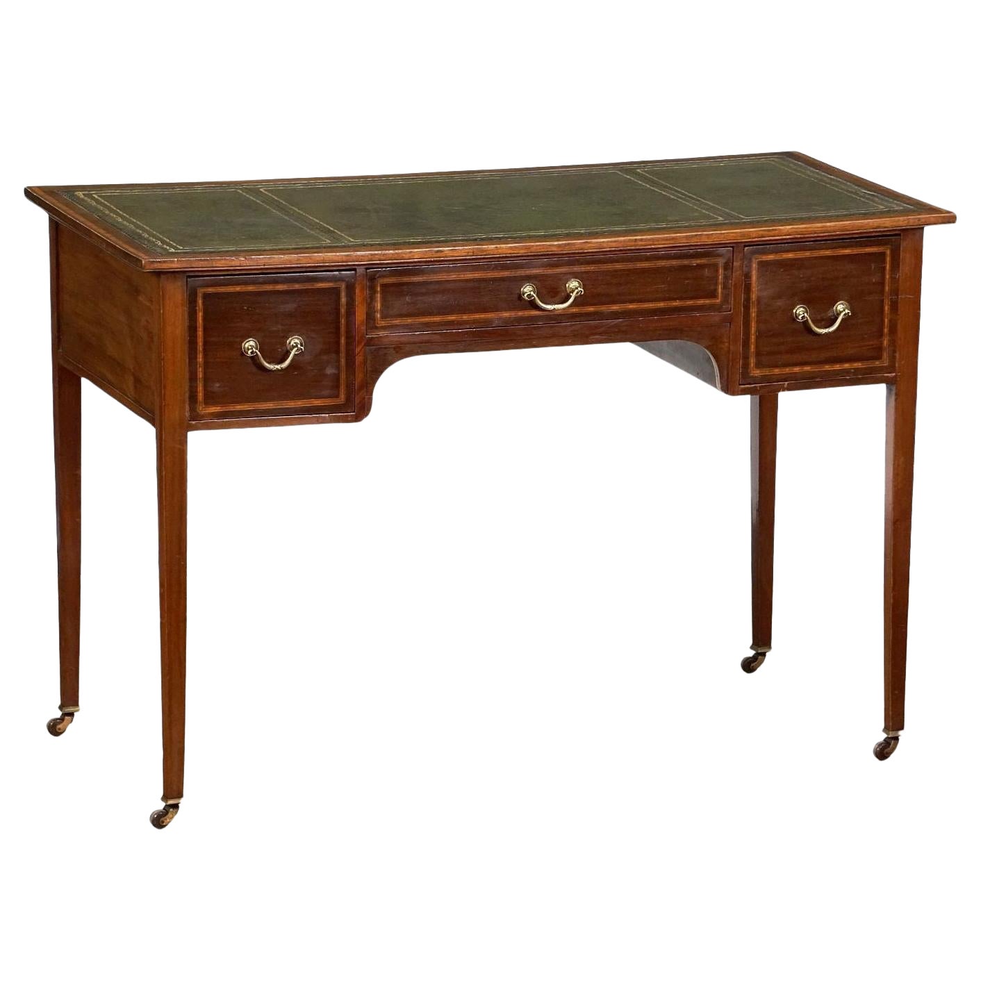 English Writing Table or Desk of Inlaid Mahogany with Embossed Leather Top