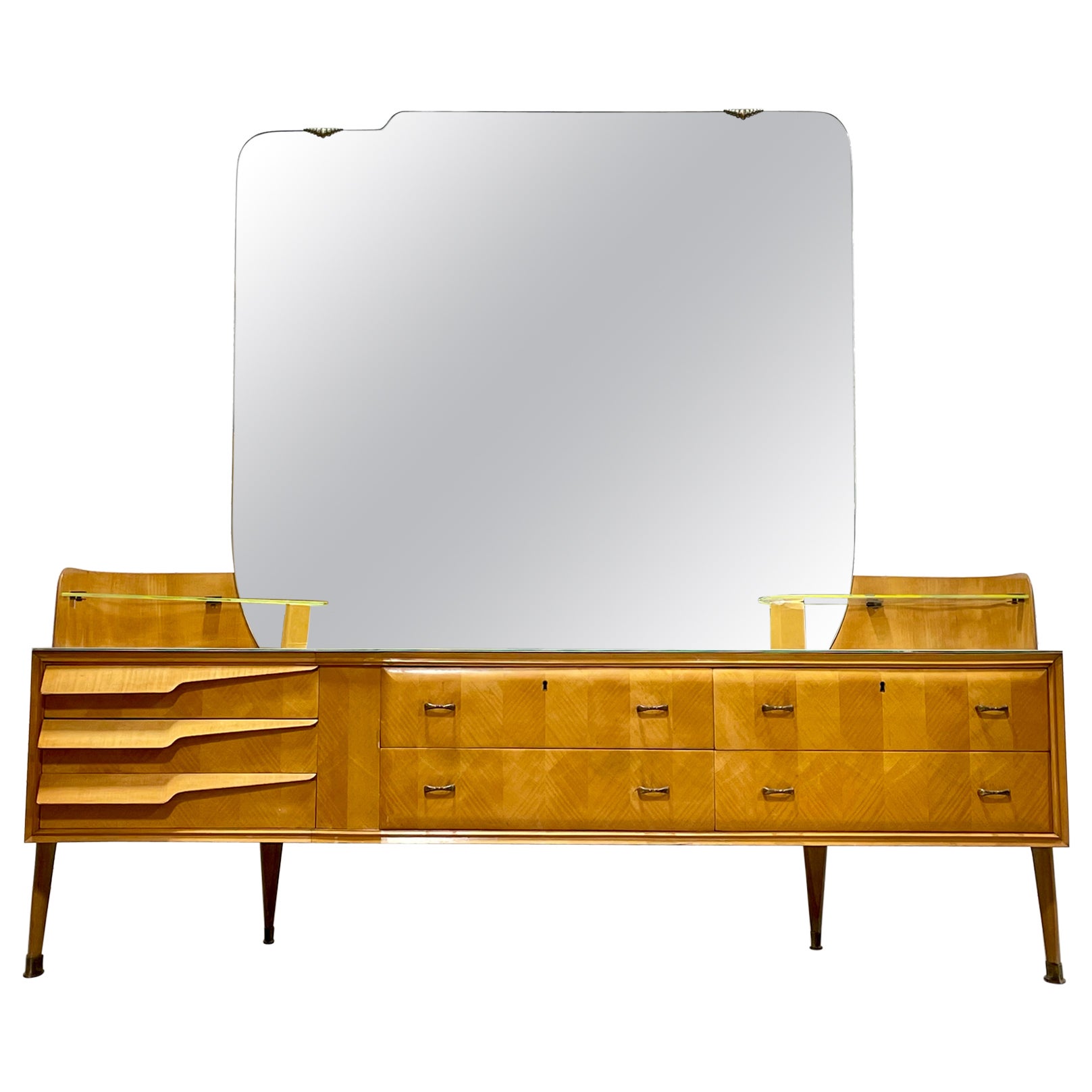 ITALIAN Mid Century MODERN Maple Long DRESSER / Vanity + Large Mirror, c. 1960's