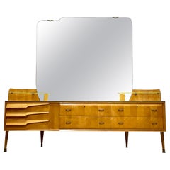 ITALIAN Mid Century MODERN Maple Long DRESSER / Vanity + Large Mirror, c. 1960's