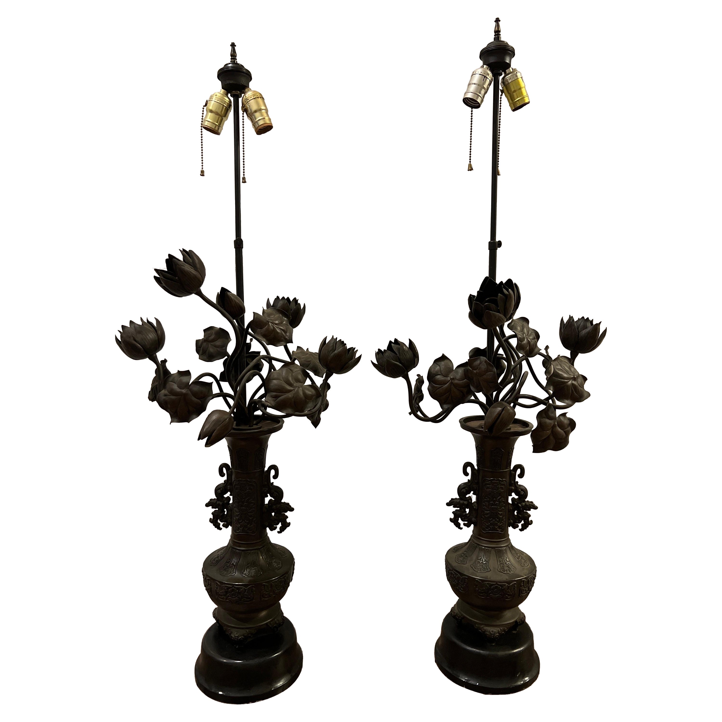 Large Scale Meiji Japanese Bronze Table Lamp W/ Floral Candelabra Mounts For Sale