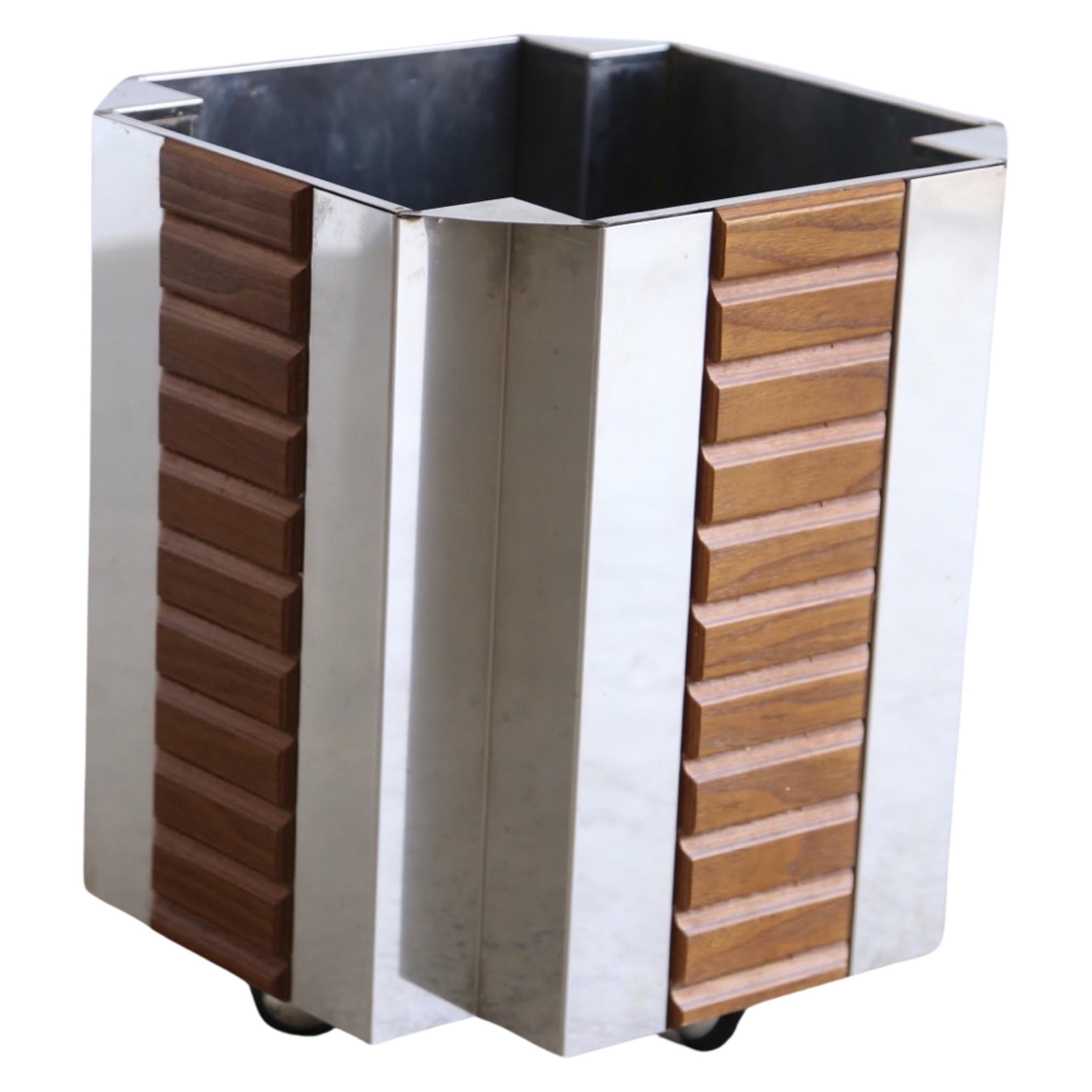 Mid Century Modern Italian Chrome & Wood Paper Bin on Wheels By Willy Rizzo