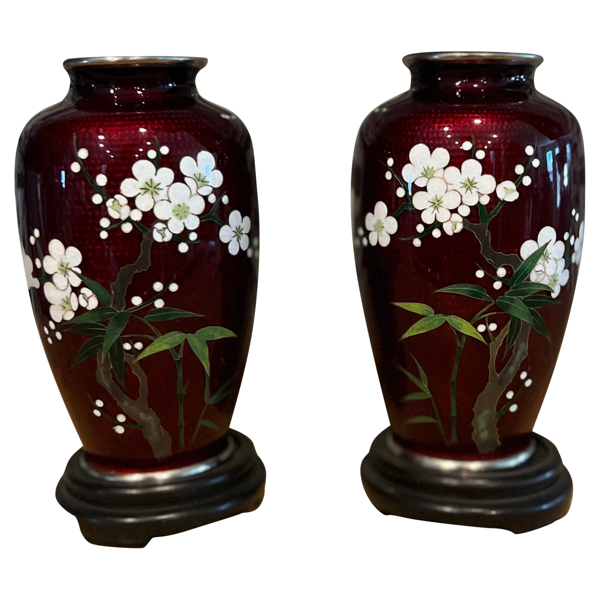 Pair, Japanese Red Ginbari Pigeon Blood Red Cloisonne Vases For Sale