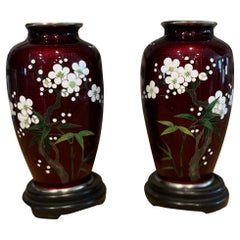 Pair, Japanese Red Ginbari Pigeon Blood Red Cloisonne Vases