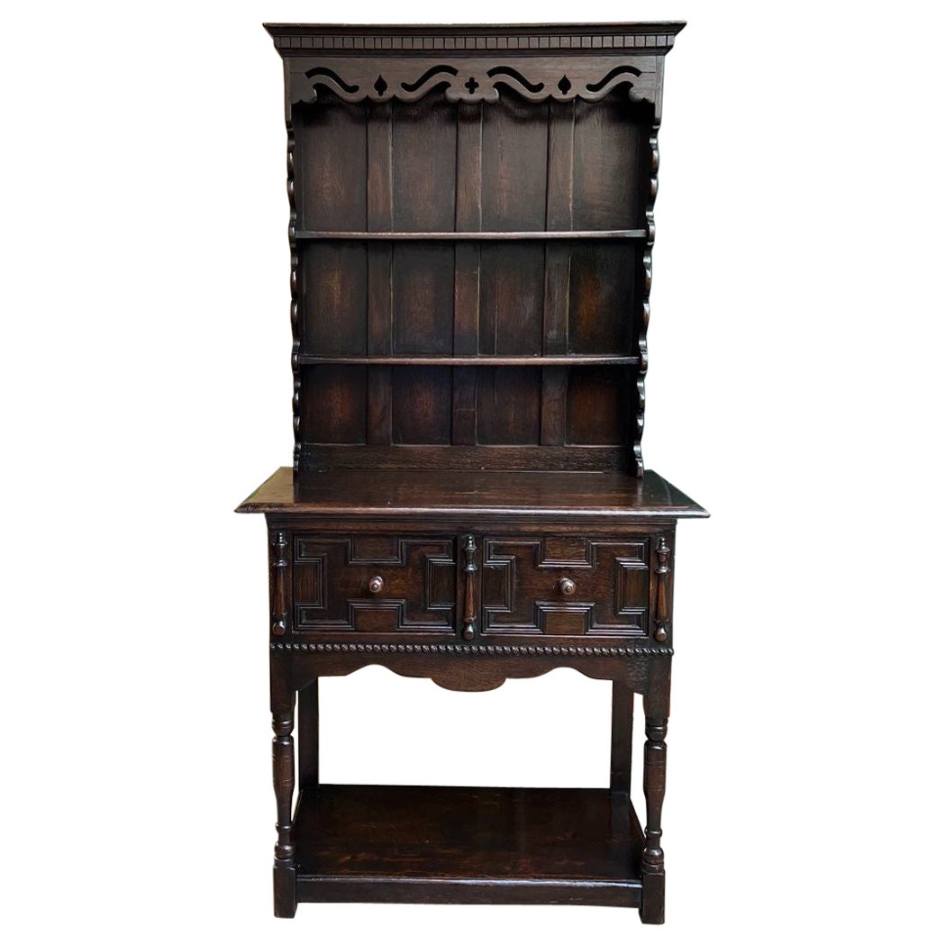Antique English Welsh Dresser Sideboard Carved Oak Jacobean Farmhouse Cabinet For Sale