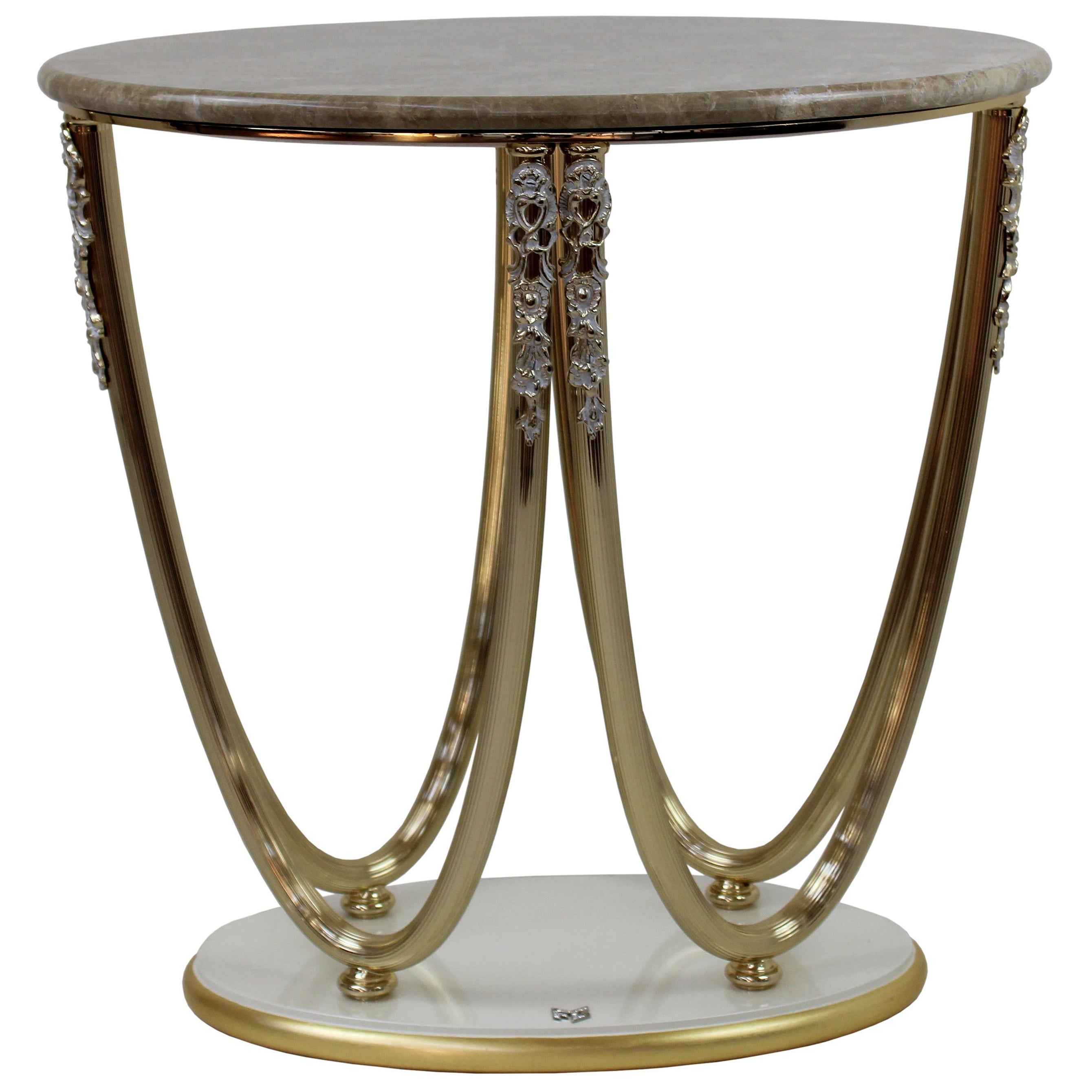 Table d'appoint avec plateau en marbre, base en bois et cadre en métal AQ175