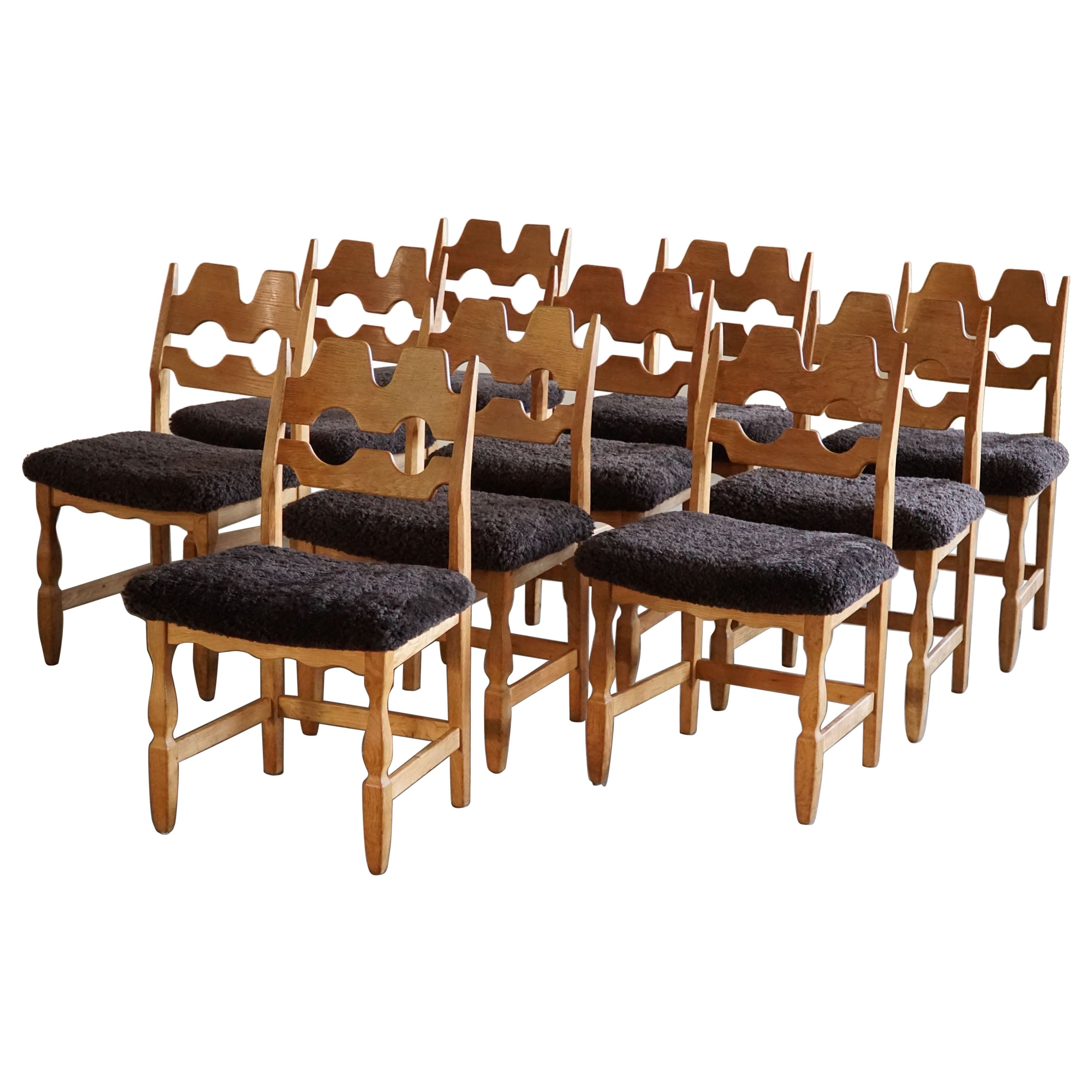 Set of 10 Henning Kjærnulf "Razorblade" Chairs in Oak & Lambswool, 1960s