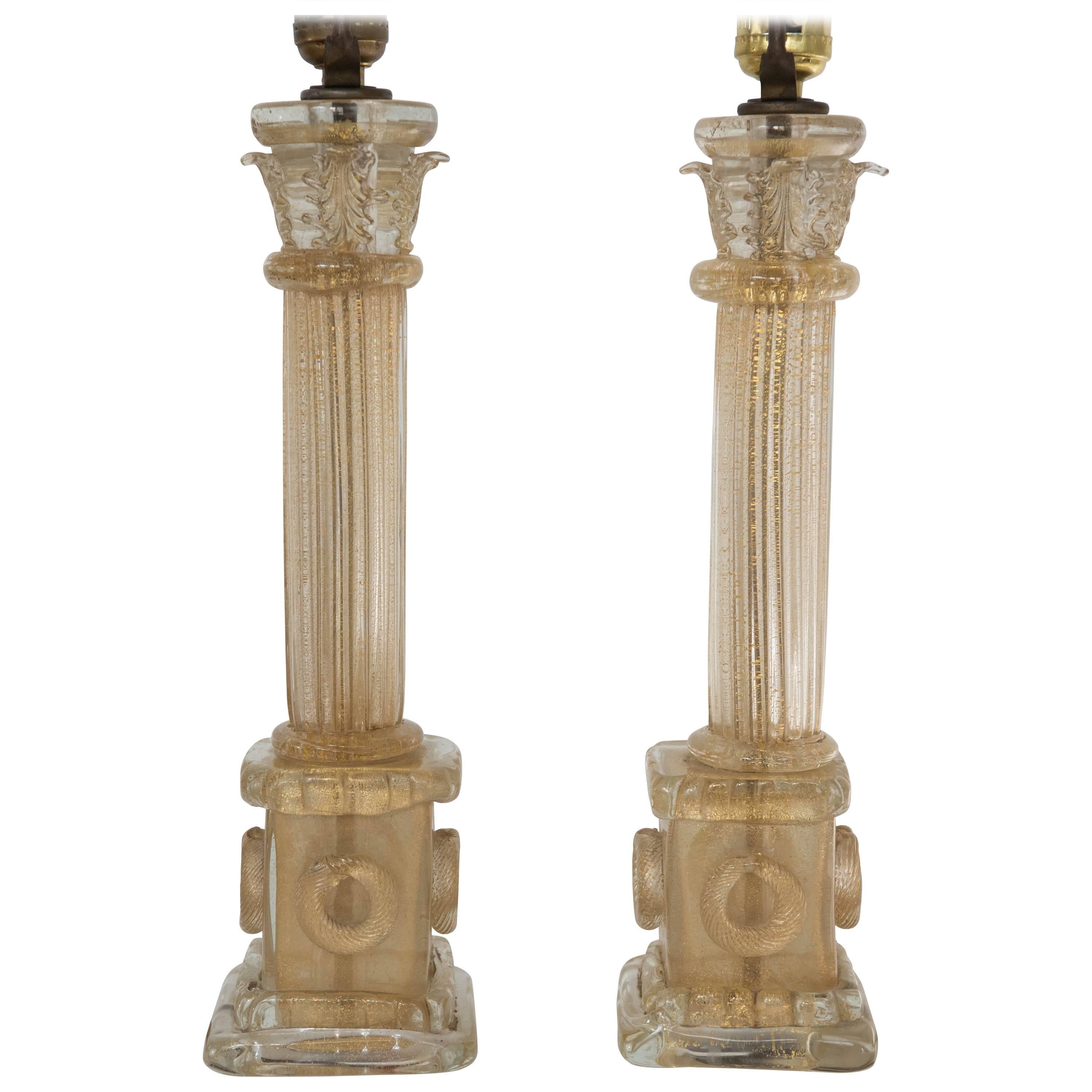Ercole Barovier Pair of Corinthian Column Lamp Bases For Sale