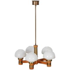 Mid-Century Teak and Brass Five-Light Chandelier 4