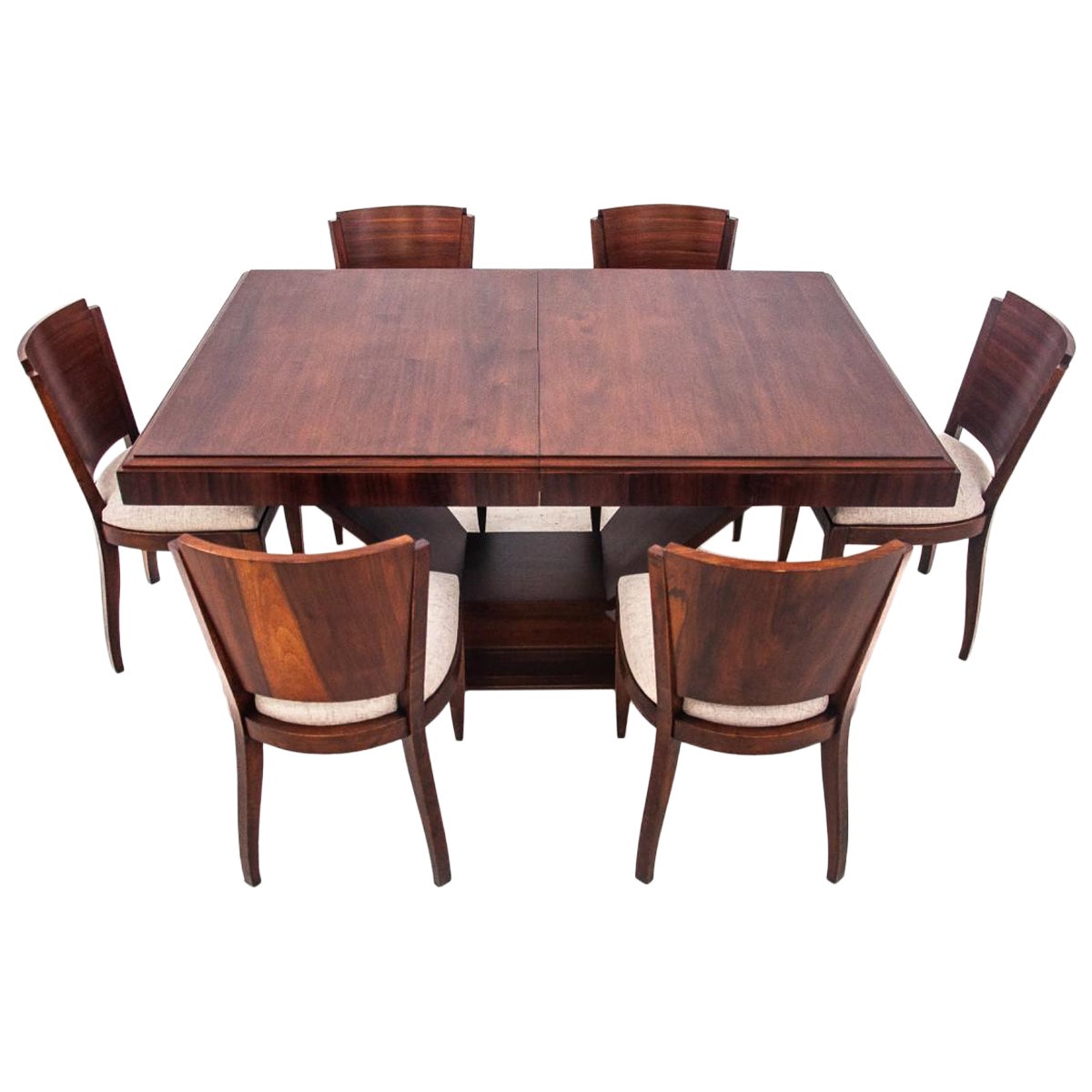 French Art Deco Louis Majorelle Walnut Dining Table with Chairs For Sale