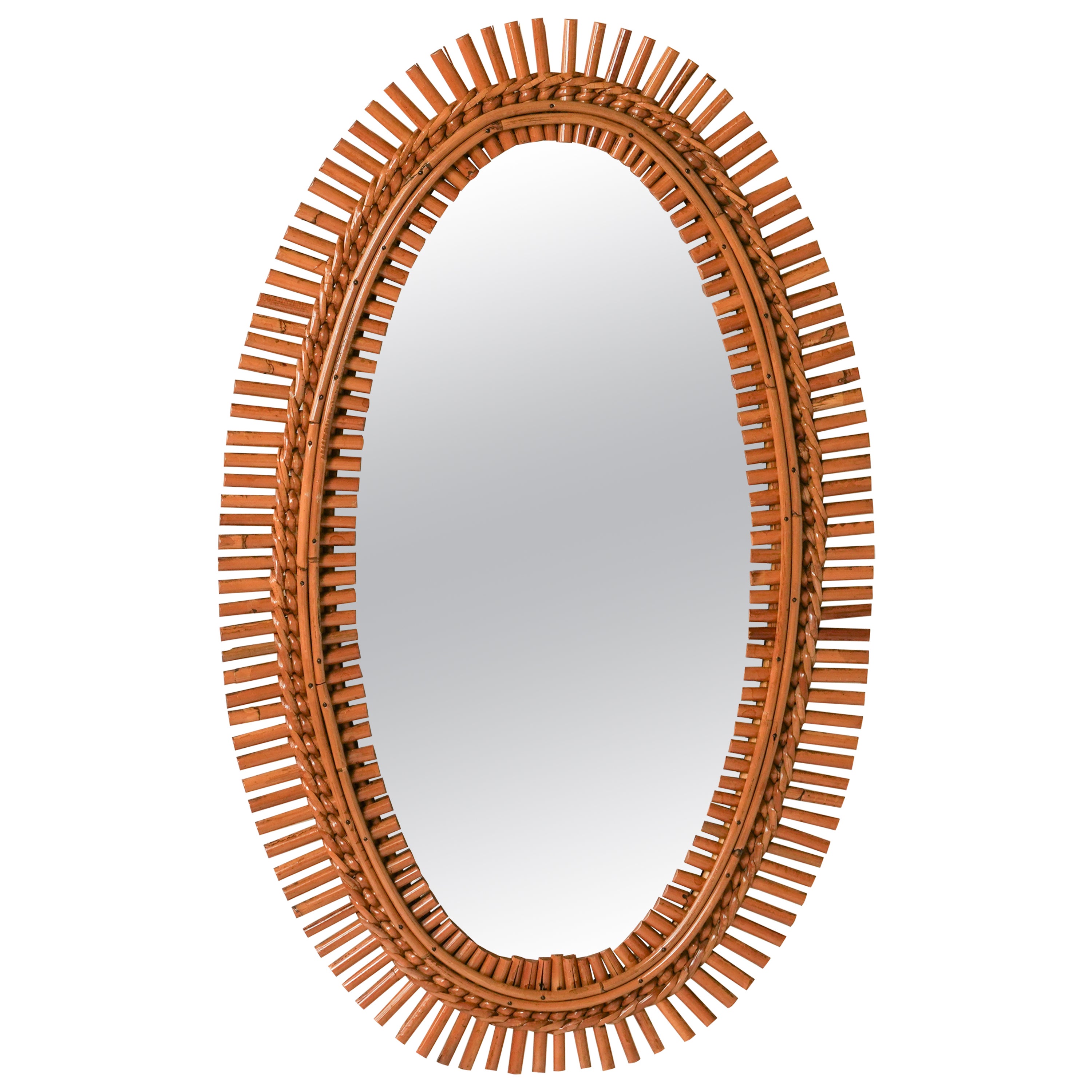 Midcentury Rattan and Bamboo Oval Wall Mirror, Italy 1960s For Sale