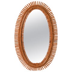 Vintage Midcentury Rattan and Bamboo Oval Wall Mirror, Italy 1960s