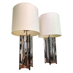 Gaetano Sciolari Oversized 1970s Vintage Italian Steel Table Lamps - a Pair