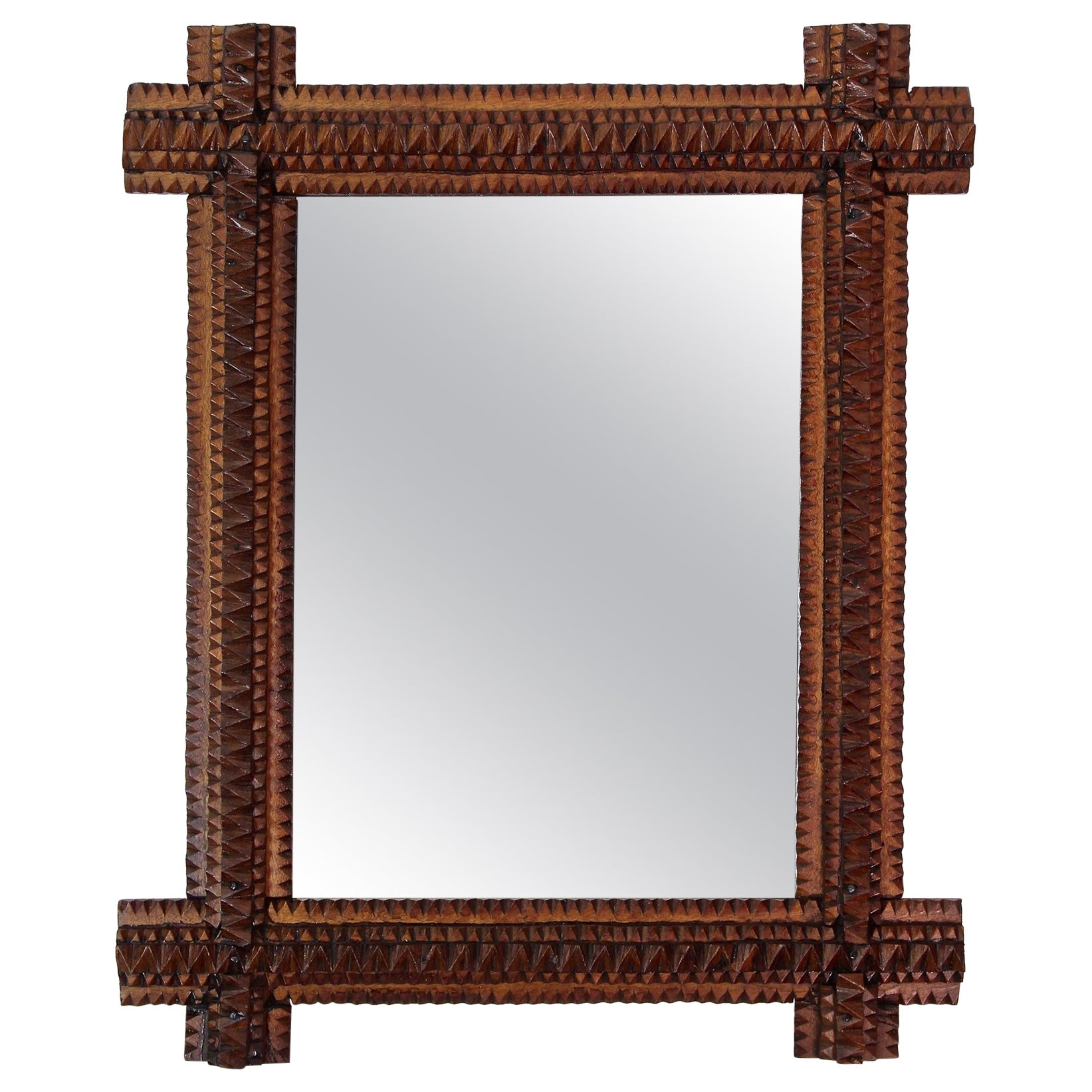 Rustic Tramp Art Wall Mirror - handcarved, Austria circa 1880