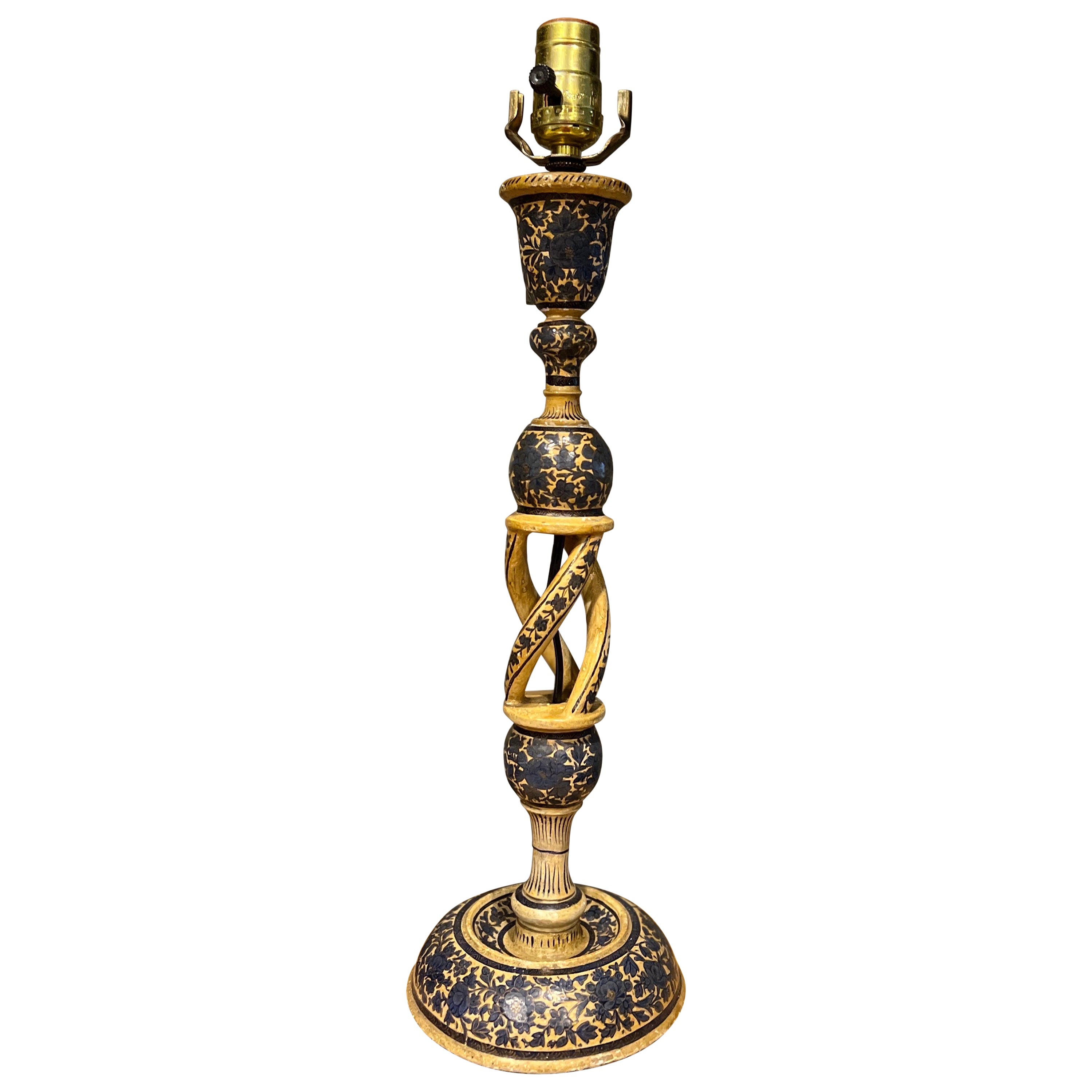 Large Antique Kashmiri Blue & White Candlestick Table Lamp For Sale