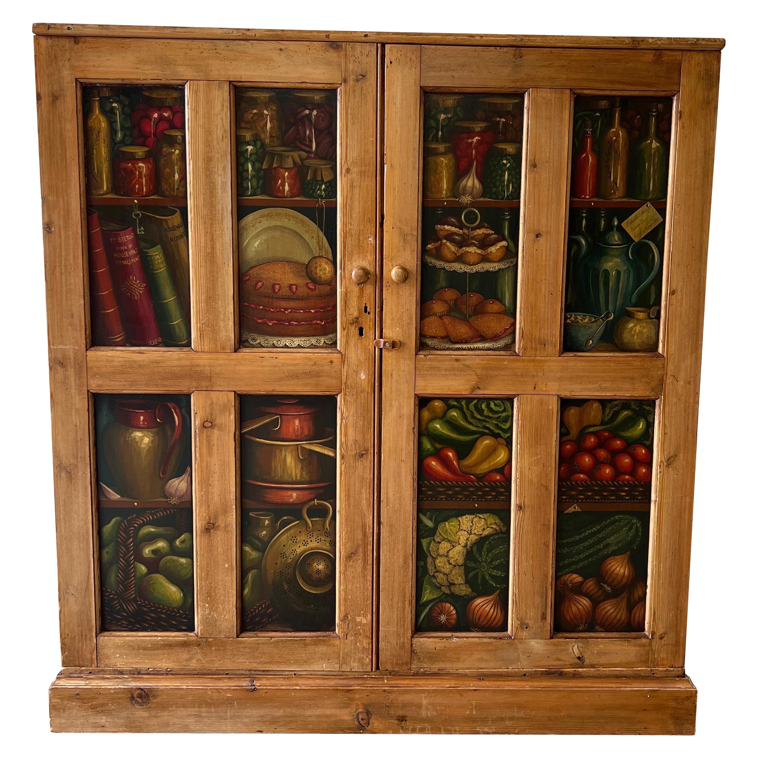 19th Century, English Pine Cabinet Hand Painted Trompe l'Oeil Paneling For Sale